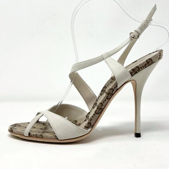 Gucci Shoes - Gucci Mystic White Suede GG Monogram Strappy Stiletto Sandals 8.5B